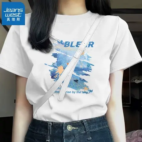 KWV真维斯纯棉短袖t恤女2025新款爆款夏季独特别致上衣女宽松t恤商品大图