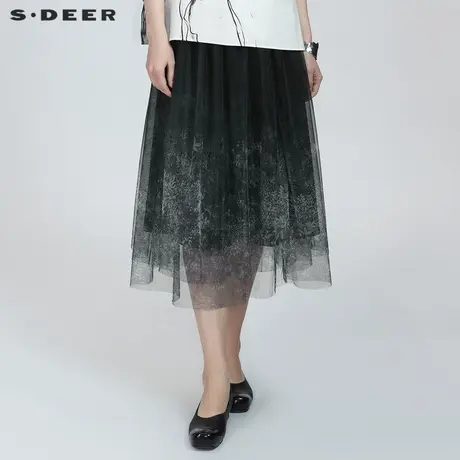 sdeer圣迪奥女装半身裙夏季休闲松紧撞色印花网纱长裙S21281123商品大图