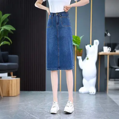 夏季新款中长牛仔裙女轻薄宽松舒适A字裙高腰显瘦简约休闲半身裙商品大图