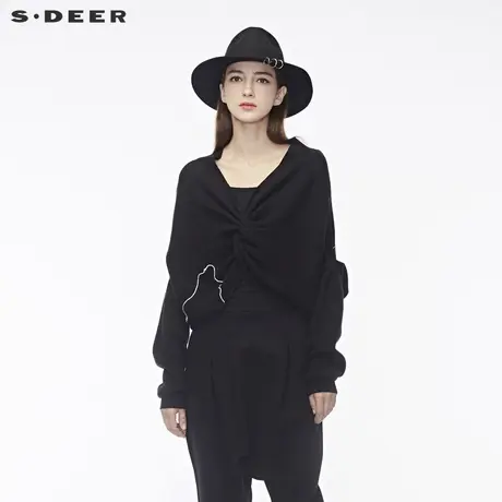 sdeer圣迪奥2018冬装新品深V领口别致打结造型针织衫女S18463586图片