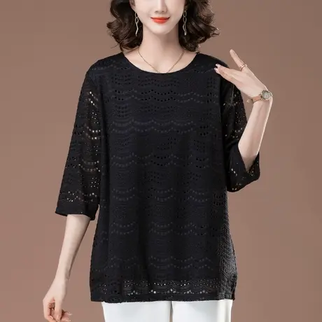 蕾丝打底衫女春夏新款加肥加大码女装宽松中年妈妈洋气七分袖上衣图片