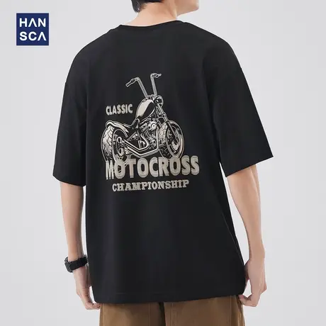 hansca 复古圆领短袖T恤男夏季新款美式潮牌痞帅印花宽松休闲上衣商品大图