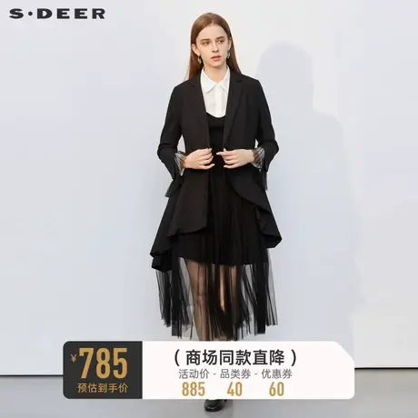 sdeer圣迪奥女装西装领外套英伦网纱中长款黑色风衣S221Z1701图片