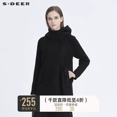 sdeer圣迪奥女装高领连帽字母贴布插肩袖黑色毛呢大衣S194A1790图片