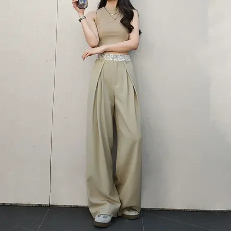 蕾丝花边卡其色阔腿裤女春夏新款时尚显瘦设计感高腰直筒拖地长裤商品大图