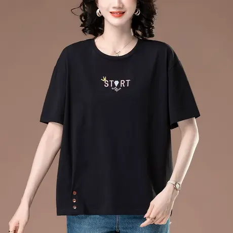 中年妈妈短袖t恤女夏季新款宽松加肥加大码刺绣纯棉休闲半袖体恤商品大图