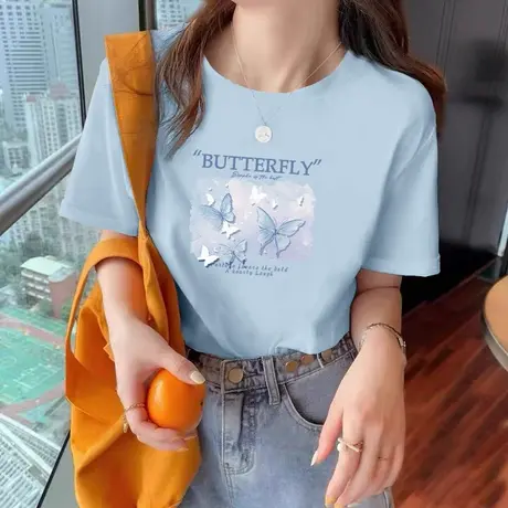 KMV真维斯蓝色纯棉短袖t恤女2025新款夏季修身正肩上衣宽松体恤潮图片