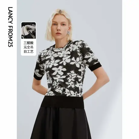 朗姿三醋酸高级感提花薄款上衣2024年夏季新款气质毛针织衫短袖女商品大图
