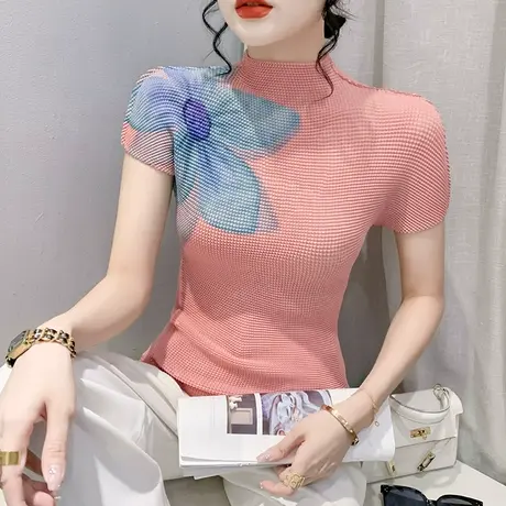 气质印花短袖T恤女2024夏季新款时尚修身网纱小衫别致半高领上衣商品大图