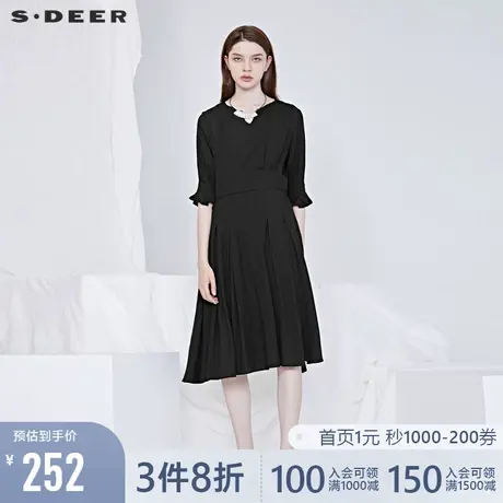 sdeer圣迪奥夏季V领收腰甜美花边袖拼接不规则连衣裙女S20261235👰商品大图