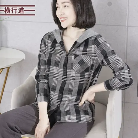 2025春季新款简约复古连帽拼格子宽松开衫衬衫女装大码外穿上衣服商品大图