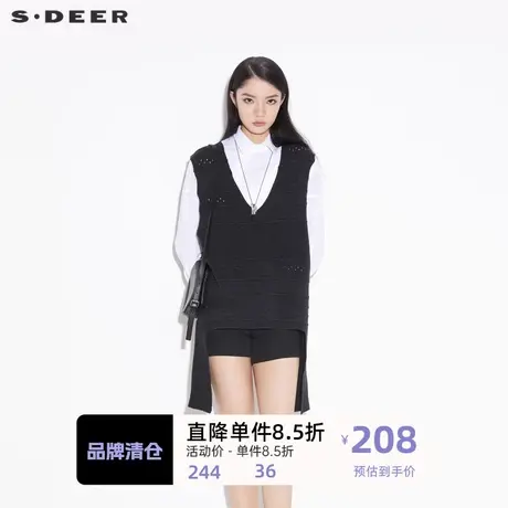 sdeer圣迪奥女装复古V领肌理拼接马甲羊毛针织衫S21383520🍷商品大图