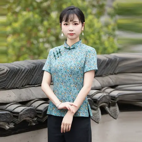 筠雅唐装女中国风改良短袖上衣夏季薄款收腰显瘦复古时尚中式女装商品大图