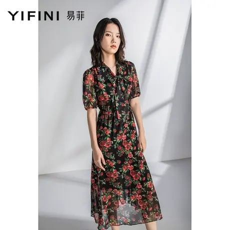 Yifini/易菲雪纺连衣裙女宽松短袖休闲通勤茶歇裙夏季新款图片