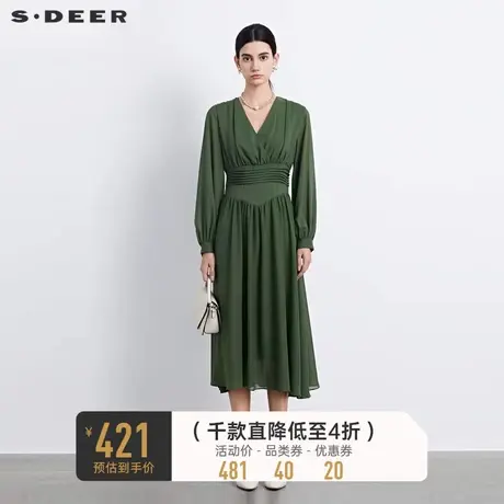 sdeer圣迪奥女装V领压褶垂坠雪纺长袖连衣裙S233Z12P8商品大图