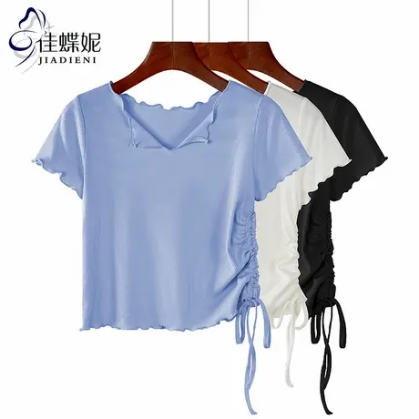 夏季新款韩版纯棉修身纯色简约荷叶边短款抽绳短袖体恤上衣女装商品大图