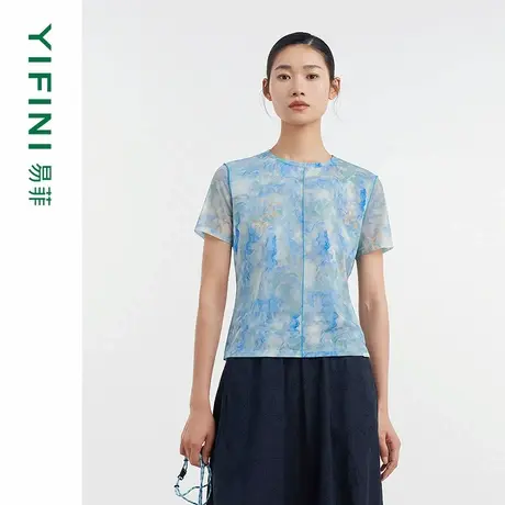 [专柜同款]Yifini/易菲数码印花短袖修身短款百搭网布T恤D04Z1202图片