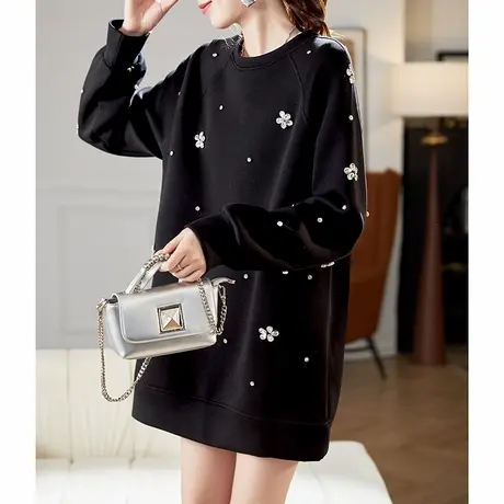 宝诗黎中长款钉钻拼接黑色卫衣2025春季宽松休闲百搭棉质上衣女商品大图