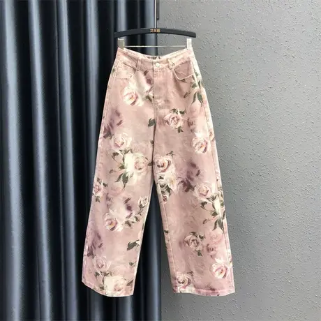 美式玫瑰印花长裤女2025春夏新款复古宽松休闲拖地裤阔腿牛仔裤潮商品大图