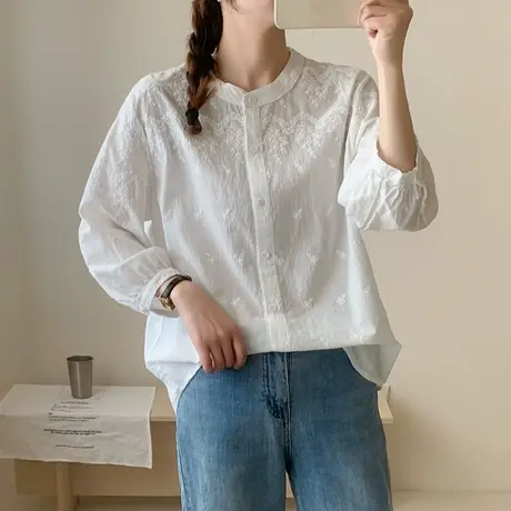 2025夏季立领七分袖重工刺绣白衬衫女韩范衬衣防晒衫提花中袖上衣图片