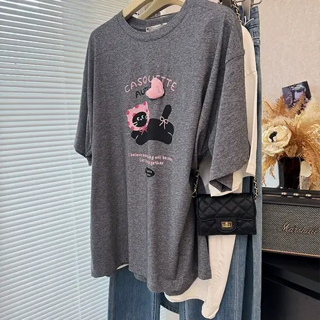 中长款宽松休闲立体爱心装饰可爱小猫印花T恤女 过臀大版上衣薄商品大图
