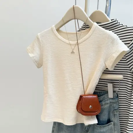 超火cec褶皱肌理感短袖T恤女夏季修身小个子打底衫短款韩版上衣潮商品大图