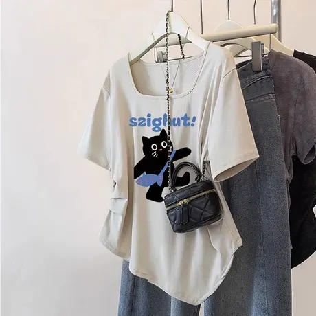 正肩t恤女2024新款下摆不规则收腰显瘦短袖ins潮夏大领口闺蜜上衣图片