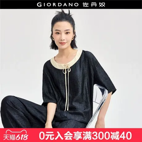 佐丹奴肌理感宽松衬衫女珠光撞色抽绳减龄U领泡泡袖衬衣18344916图片