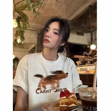 小众夏季纯棉短袖t恤女2025新款爆款落肩设计感美式宽松半袖上衣商品大图