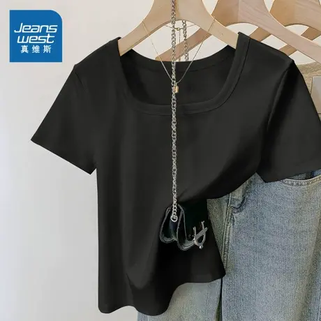 KMV真维斯正肩方领短袖t恤女新款夏季紧身甜辣短款大码显瘦上衣商品大图