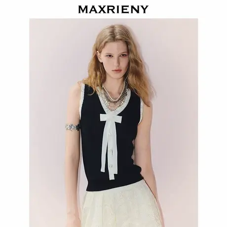MAXRIENY赫本风v领蝴蝶结马甲针织衫25秋款复古撞色背心针织上衣图片
