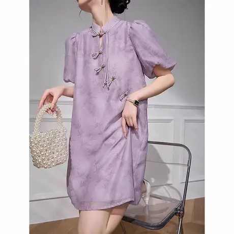 爵莱菲新中式国风泡泡袖连衣裙女2025新款夏提花盘扣宽松裙子大码商品大图