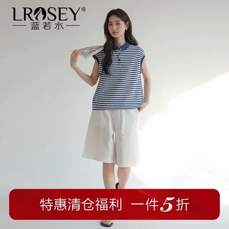【减龄蓝白条纹POLO领T恤】蓝若水大码2025夏新款小清新短袖上衣商品大图