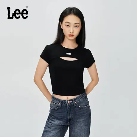 Lee商场同款25早秋新品修身版圆领前胸开口设计黑色女罗纹短袖T恤商品大图