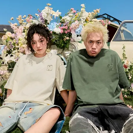 Nuthink刺绣字母简约短袖T恤美式复古重磅半袖潮流男女2025夏新款商品大图