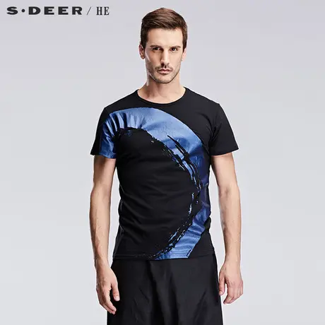 S.Deer/He【惠】圣迪奥男浩渺漆印圆领短袖全棉男士T恤H14270191图片