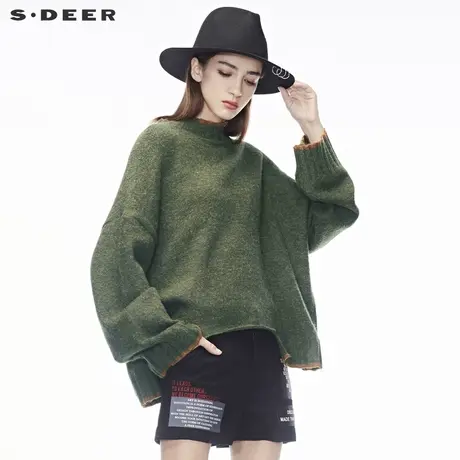 sdeer圣迪奥2018新款创意缺口撞色落肩宽松毛衣针织衫女S18463589图片