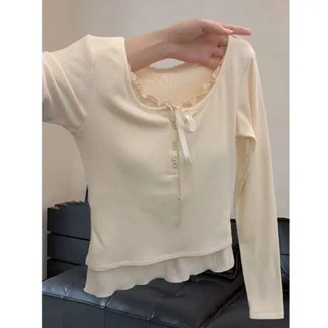 法式高级感假两件长袖T恤女春季修身韩版洋气时髦蕾丝边上衣潮ins商品大图