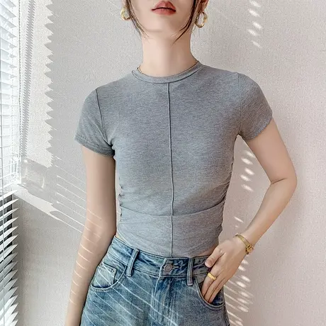 圆领坑条短袖t恤女2024春季新款纯色百搭修身显瘦上衣正肩打底衫图片