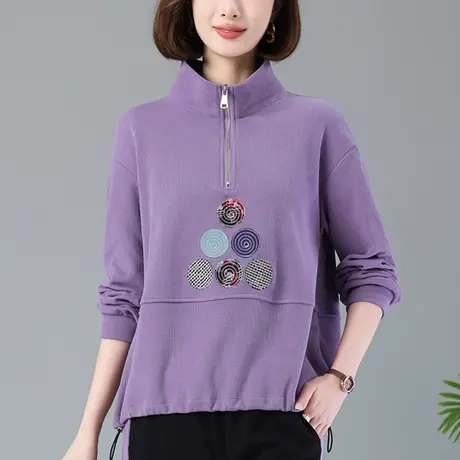 中老年妈妈卫衣女春秋季薄款宽松加大码女装休闲百搭显瘦立领上衣图片