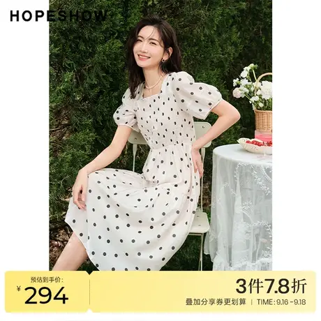 红袖outlets波点连衣裙hopeshow2023夏季新款蝴蝶结方领雪纺裙女图片