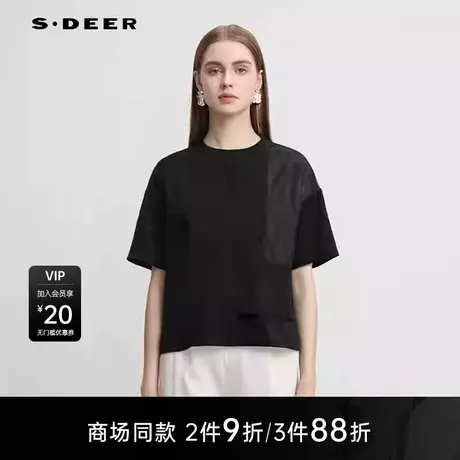 【商场同款】sdeer圣迪奥时尚圆领网纱拼接宽松短袖T恤S25280143图片