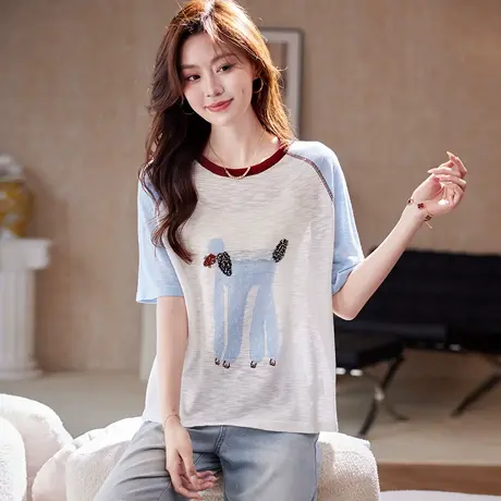 宝诗黎圆领印花拼接短袖T恤2025新款时尚洋气百搭夏季休闲上衣女图片