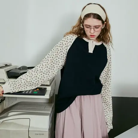 a02拼色华夫格碎花拼接百搭上衣2025春季休闲女式T恤图片