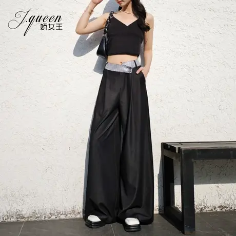 阔腿裤女夏季仿牛仔条纹装饰新款垂感黑色透气显瘦拖地裤百搭长裤图片