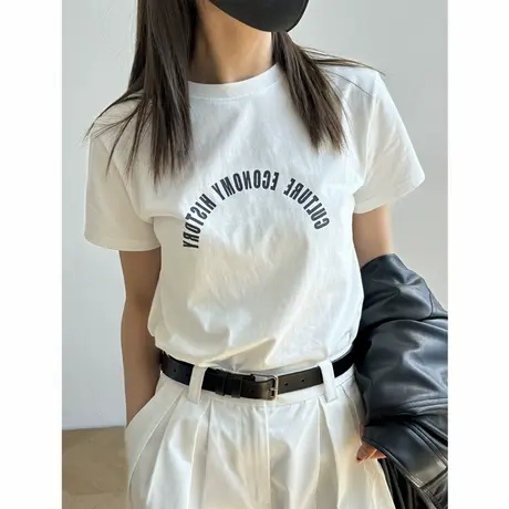 韩国东大门白色短袖女t恤夏圆领字母印花上衣宽松百搭正肩体恤衫商品大图