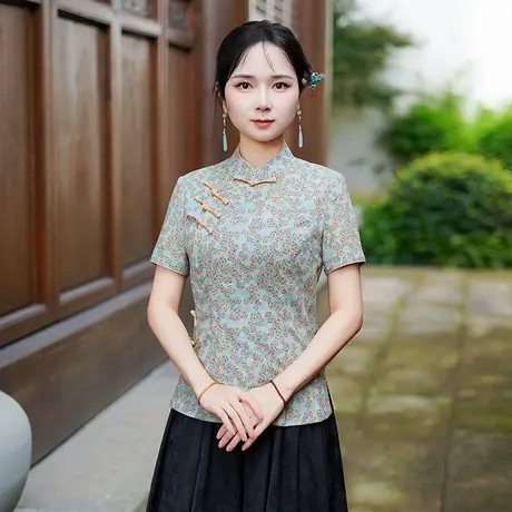 筠雅夏季新款新中式国风上衣民国复古气质唐装女装斜襟短袖25J262图片