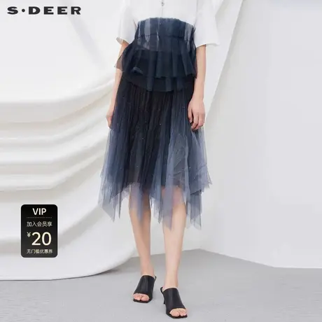 sdeer圣迪奥女装时尚松紧网纱拼接不规则A字长裙S221Z1102商品大图