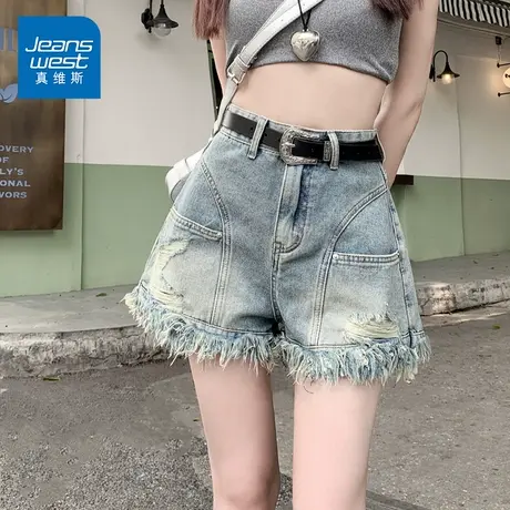 KP真维斯女装2025新款美式潮流流苏毛边高腰牛仔短裤百搭时尚显高商品大图