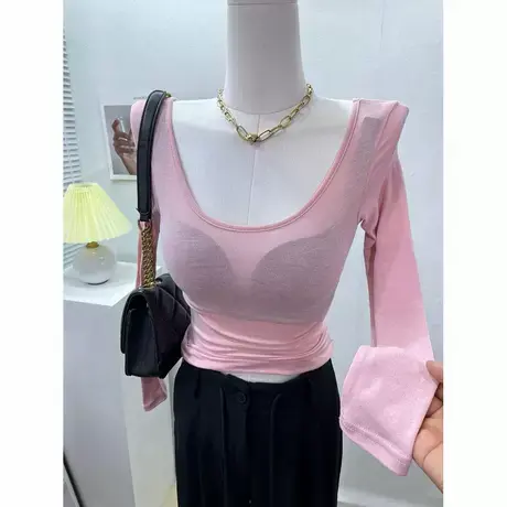 性感辣妹～版型炒正 薄款微透大圆领长袖t恤女短款紧身防晒上衣夏图片